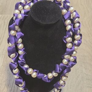 Isaac Mizrahi Faux Pearl Purple Ribbon Necklace Designer